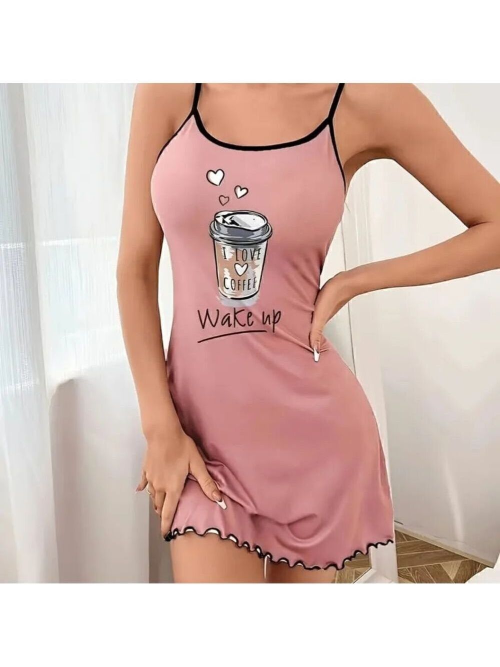 Soft Stretch Nightwear Pink Pajama Dress Wake Up Cut Coffee Print